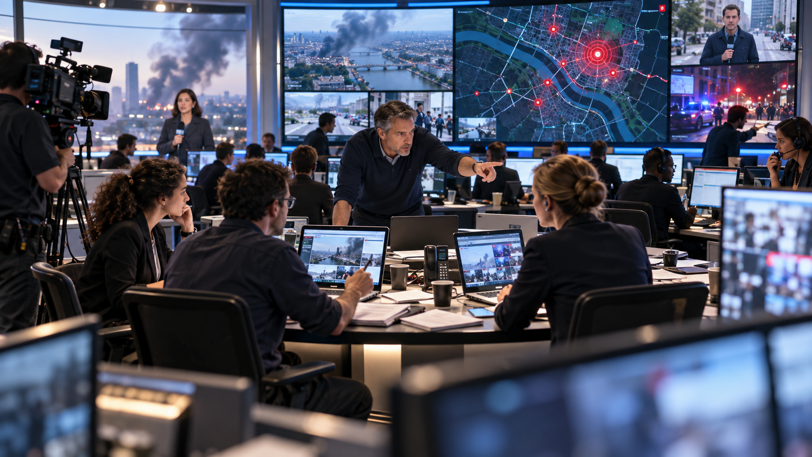 Busy newsroom coordinating urgent coverage of a breaking event