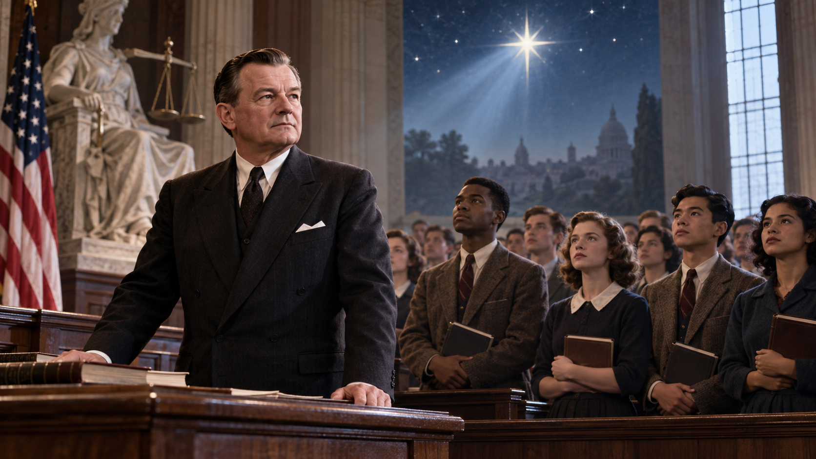 Students in a 1940s classroom remain seated thoughtfully as a flag ceremony takes place around them.