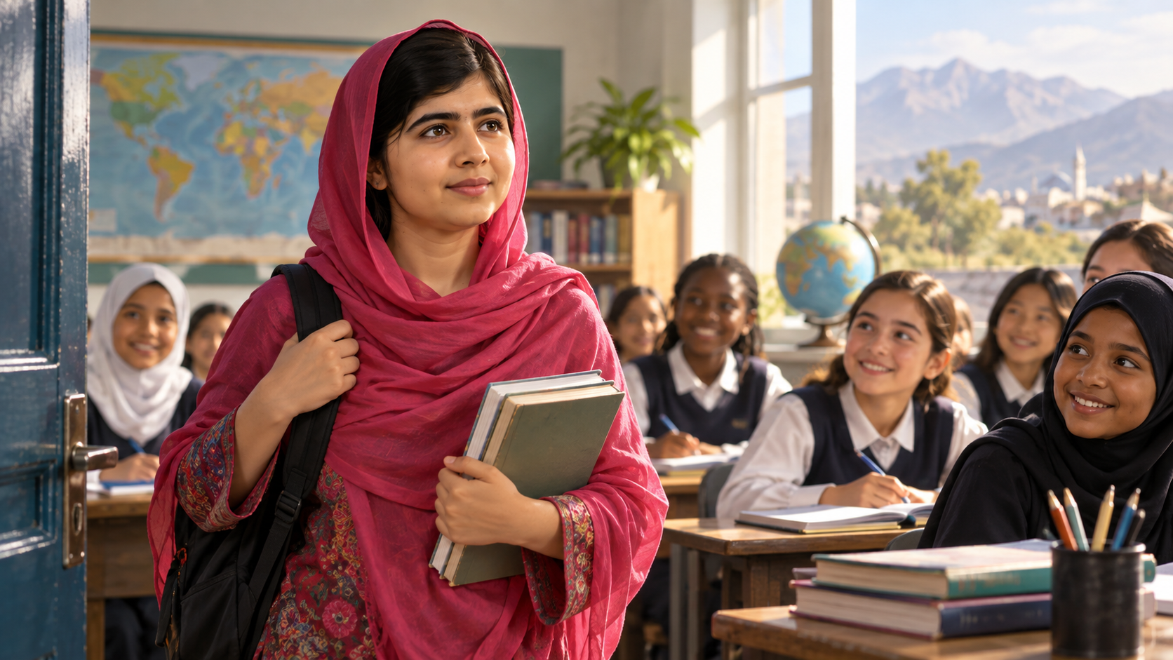 A schoolgirl opens a book at a classroom desk as other students and teachers gather in hopeful daylight.