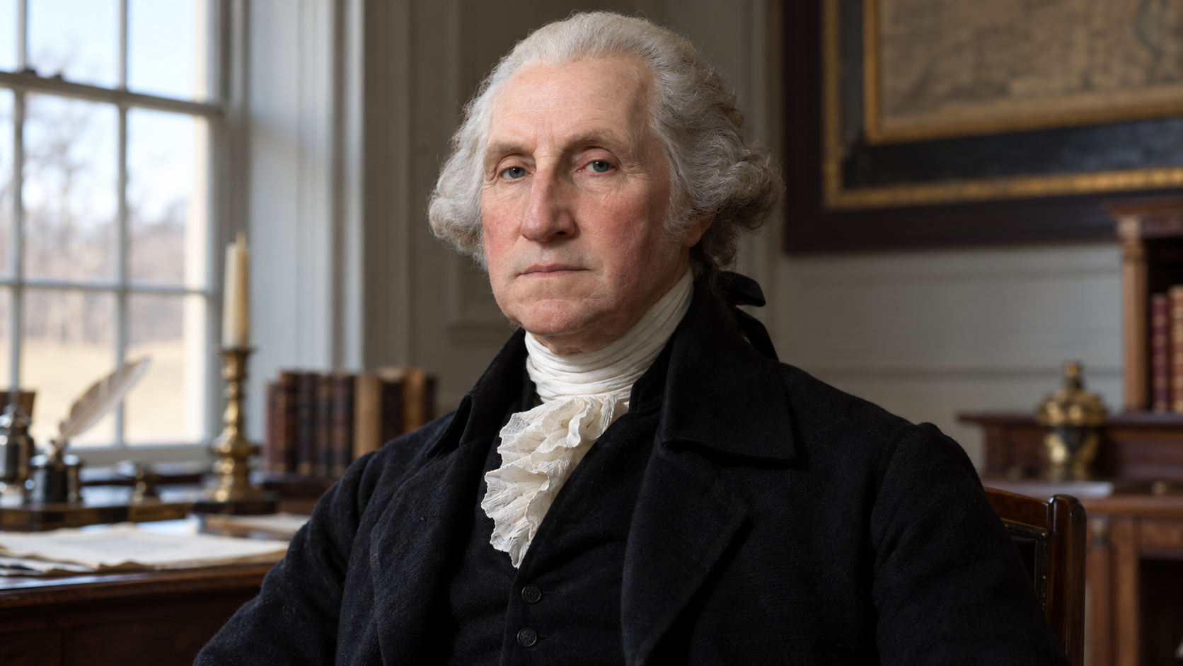 Realistic editorial recreation of George Washington, 1796, in period-appropriate clothing in a quiet study.