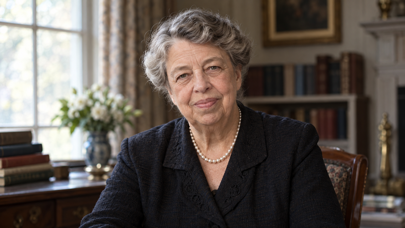 Realistic editorial recreation of Eleanor Roosevelt, 1958, in period-appropriate clothing in a quiet study.