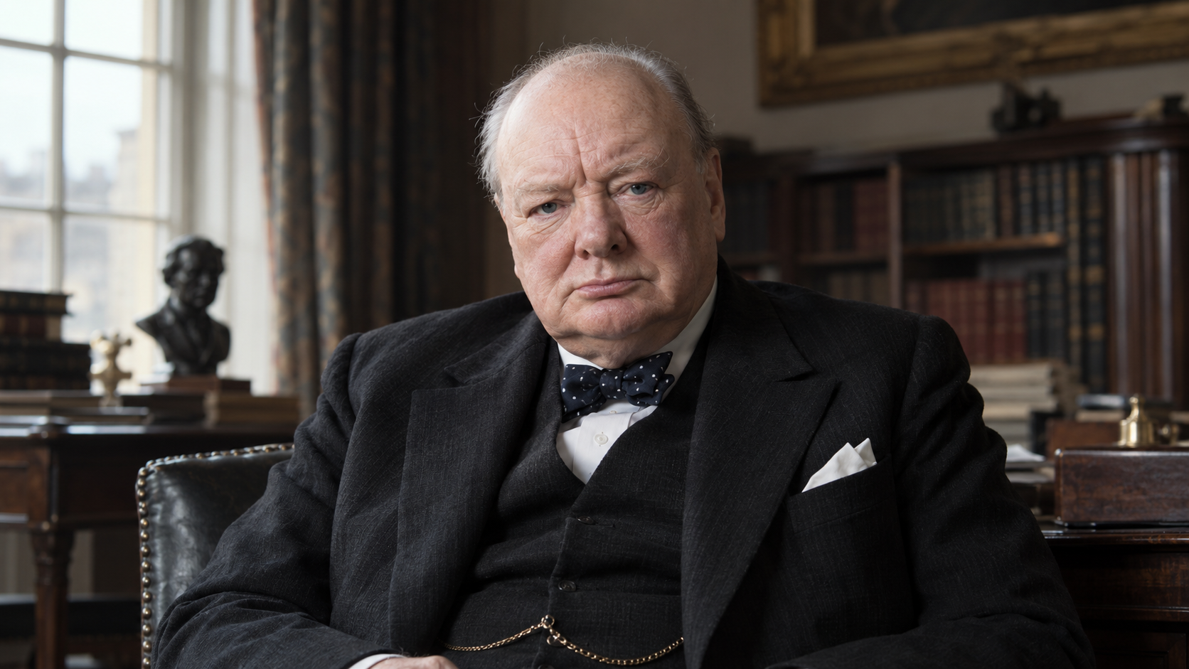 Realistic editorial recreation of Winston Churchill, 1947, in period-appropriate clothing in a quiet study.