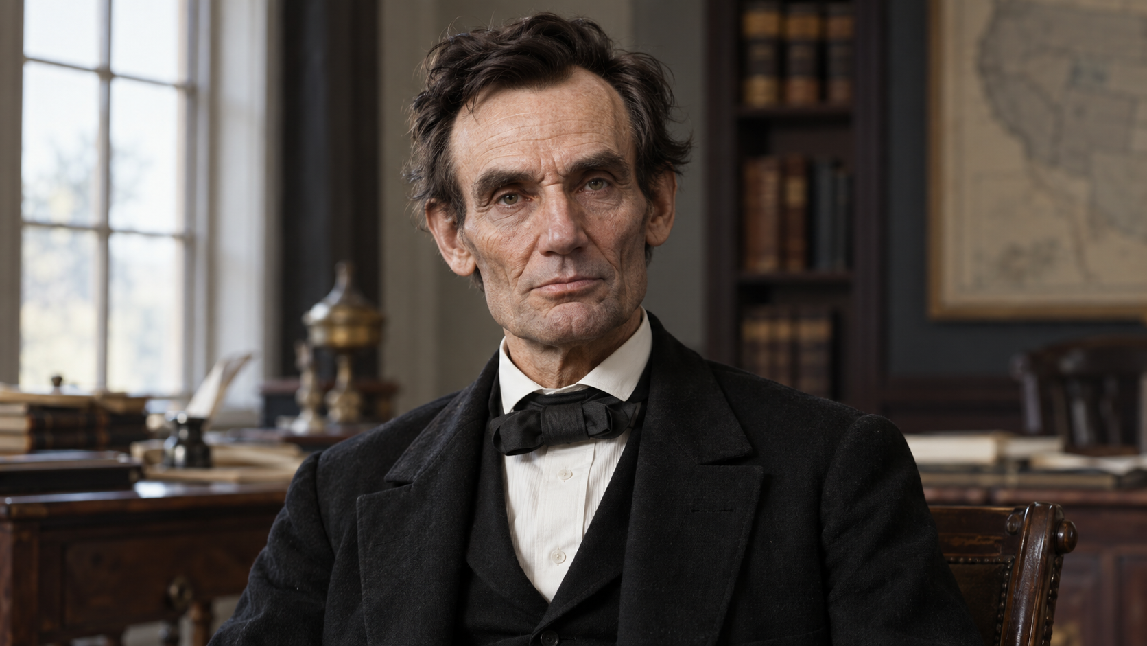 Realistic editorial recreation of Abraham Lincoln, circa 1858, in period-appropriate clothing in a quiet study.