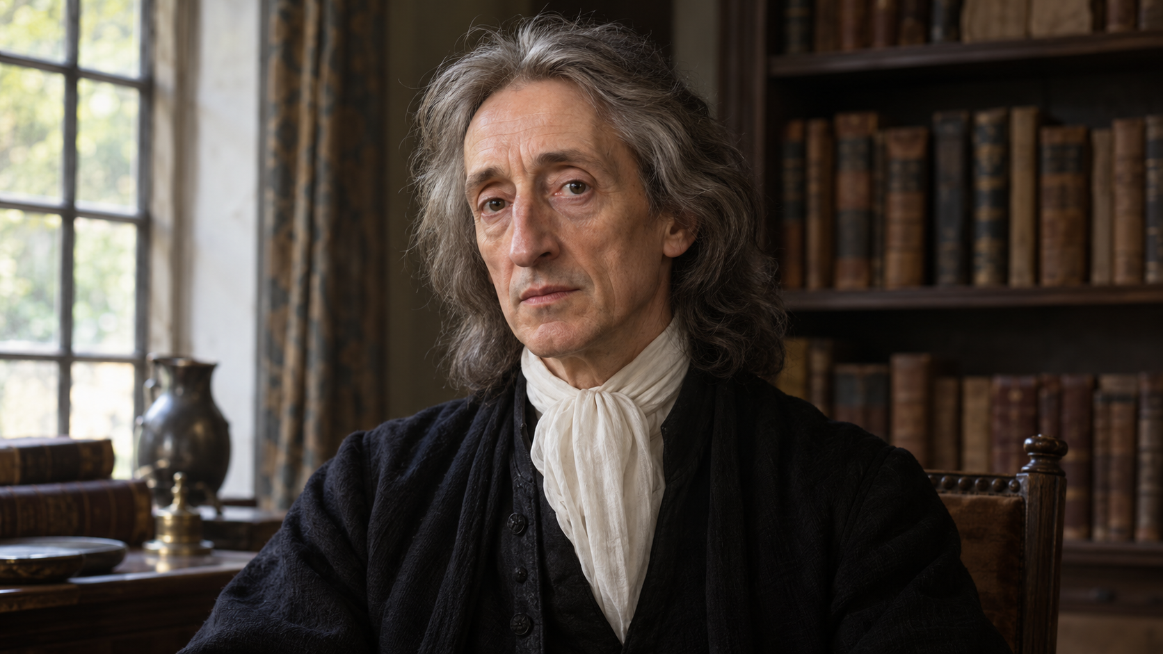 Realistic editorial recreation of John Locke in a seventeenth-century study.