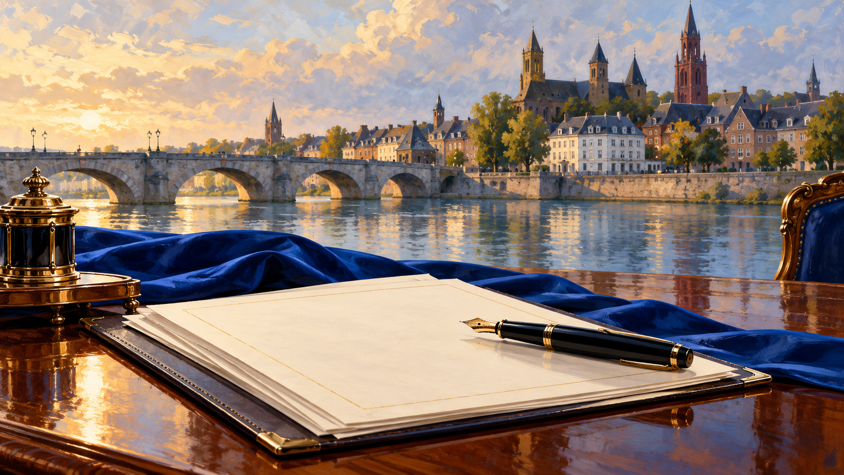 Editorial illustration of treaty papers and a fountain pen overlooking Maastricht