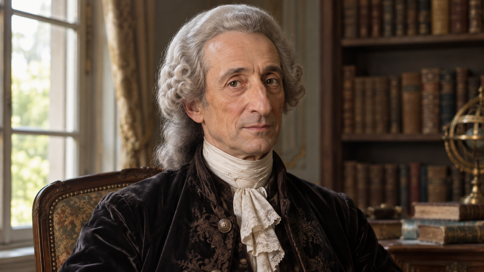 Realistic editorial recreation of Montesquieu in an eighteenth-century study.