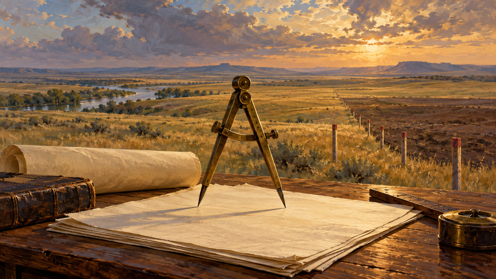 Editorial illustration of surveying instruments, legal papers, and prairie land divided by stakes
