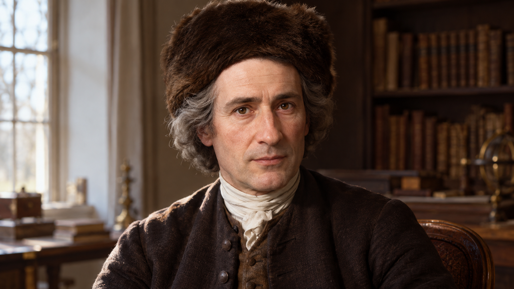 Realistic editorial recreation of Jean-Jacques Rousseau in a period-appropriate study.
