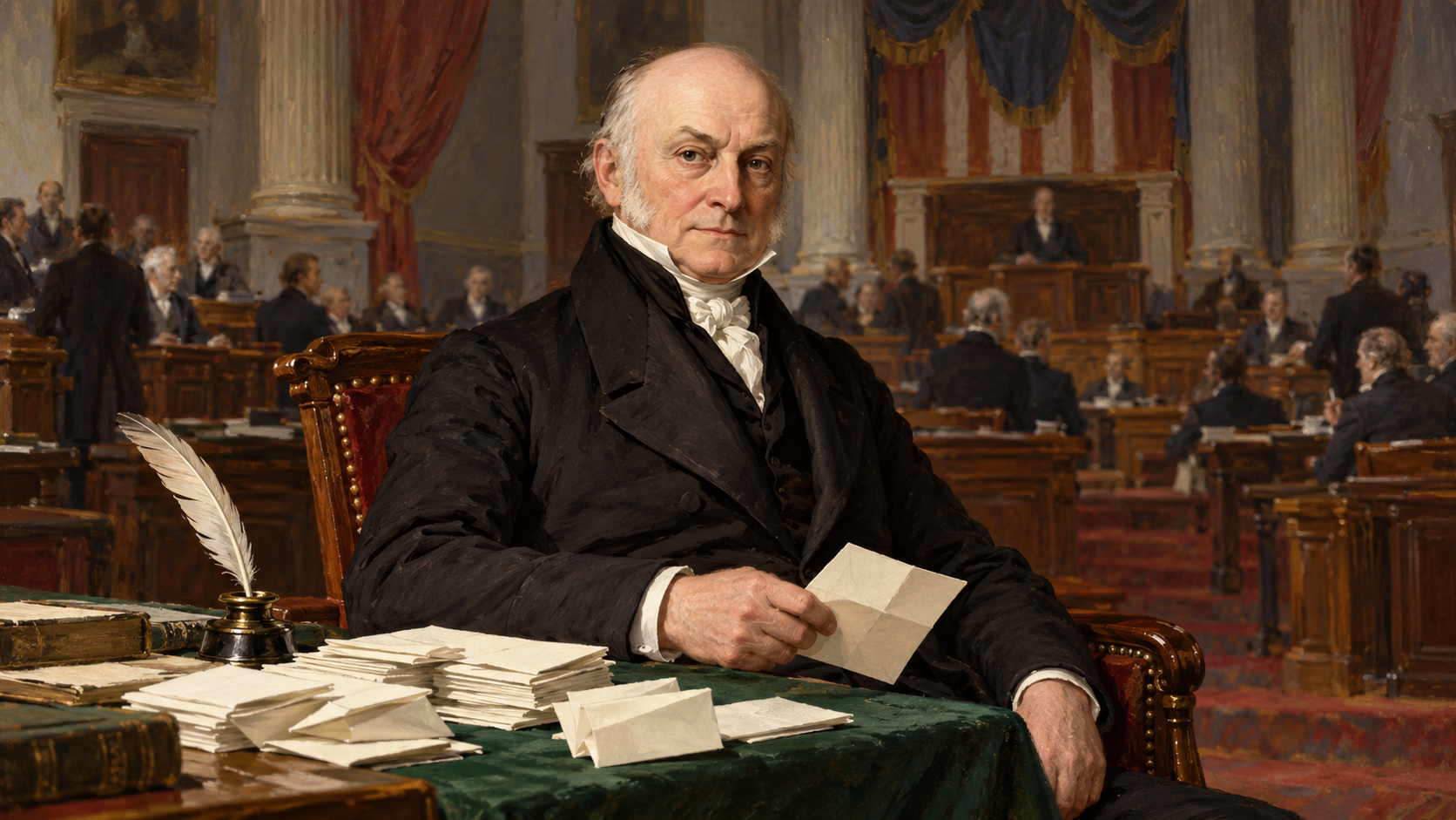 Editorial portrait of John Quincy Adams with ballots and a quill in a period congressional setting