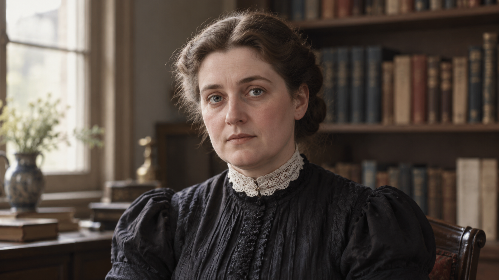Realistic editorial recreation of Jane Addams in a period-appropriate study.