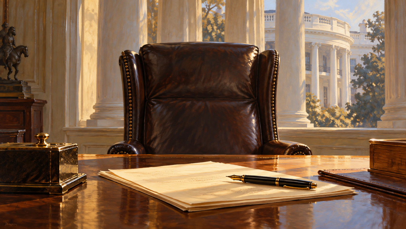 Editorial illustration of an empty presidential chair with constitutional papers and a pen