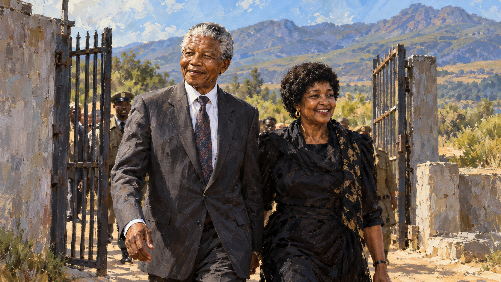 Editorial illustration of Nelson and Winnie Mandela walking beyond an open prison gate in 1990