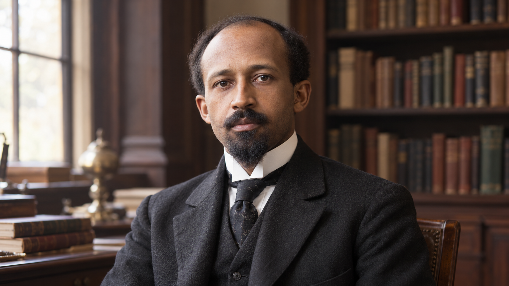 Realistic editorial recreation of W. E. B. Du Bois in a period-appropriate study.