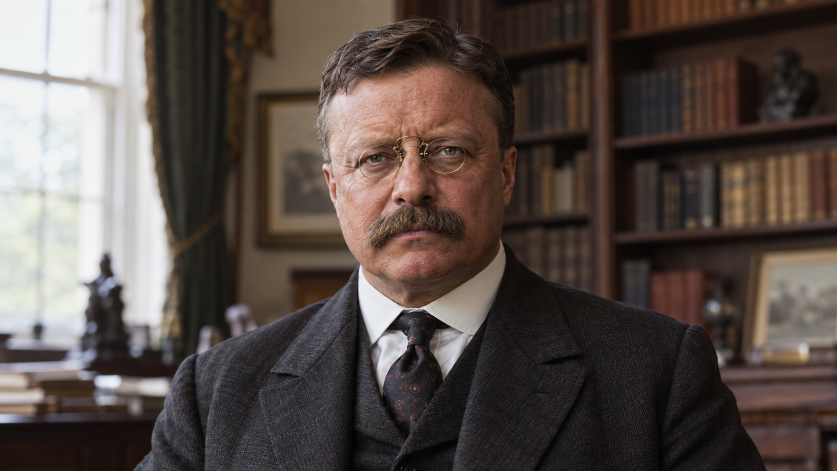 Realistic editorial recreation of Theodore Roosevelt in a period-appropriate study.