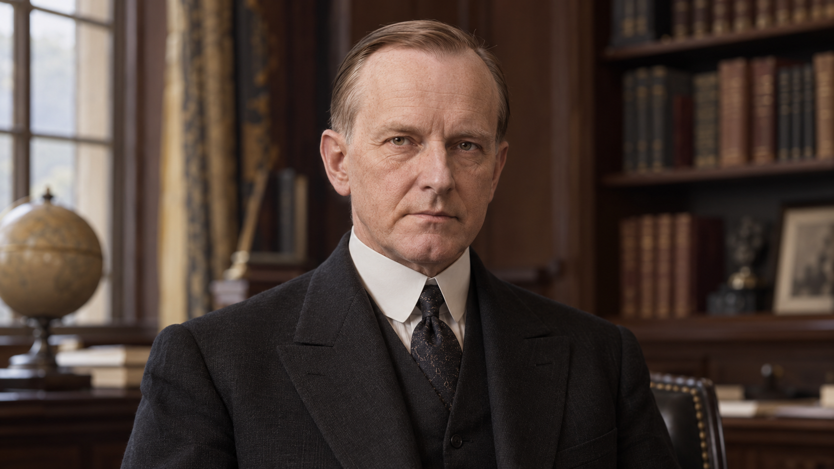 Realistic editorial recreation of Calvin Coolidge in a period-appropriate study.