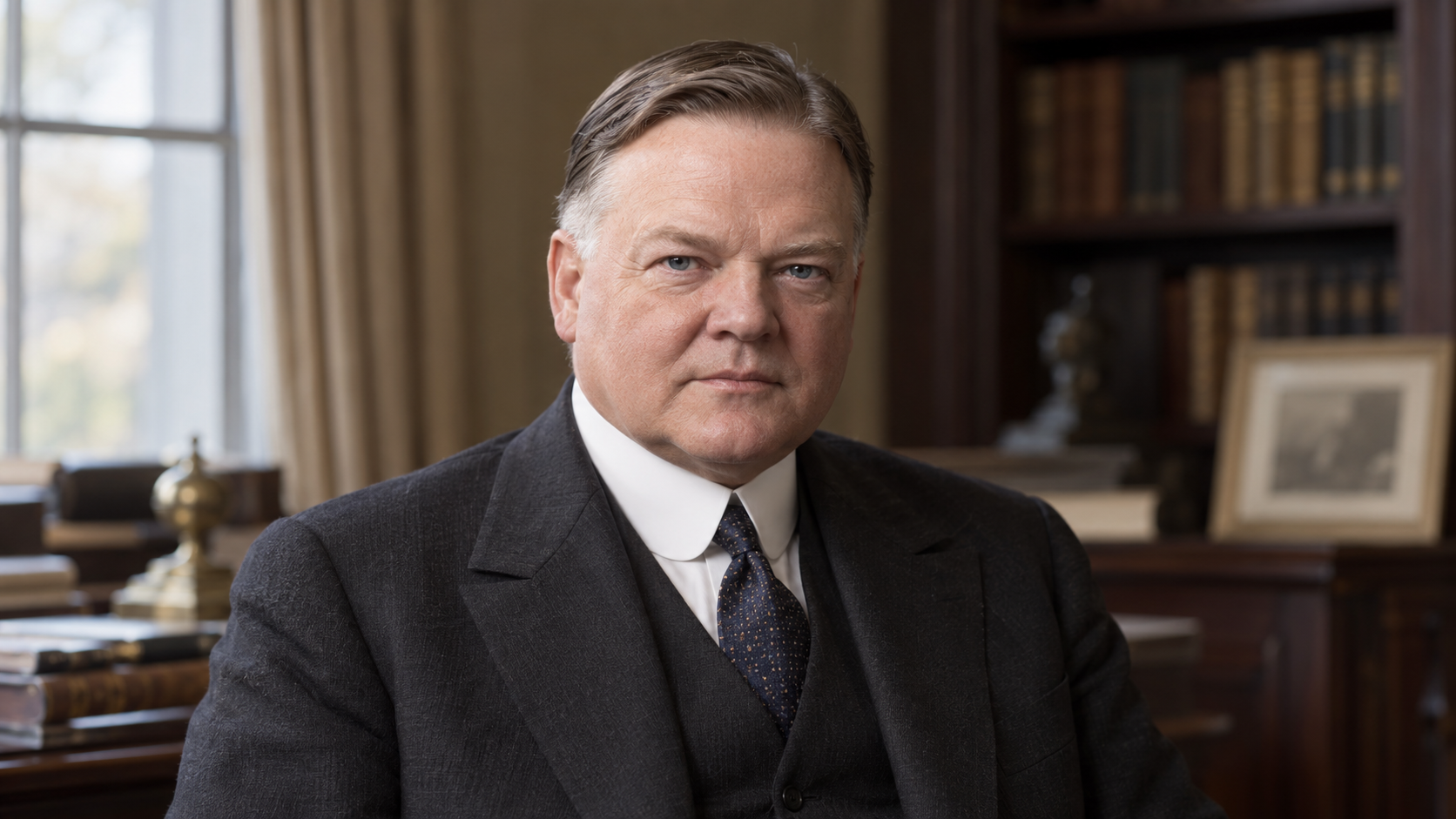 Realistic editorial recreation of Herbert Hoover in a period-appropriate study.
