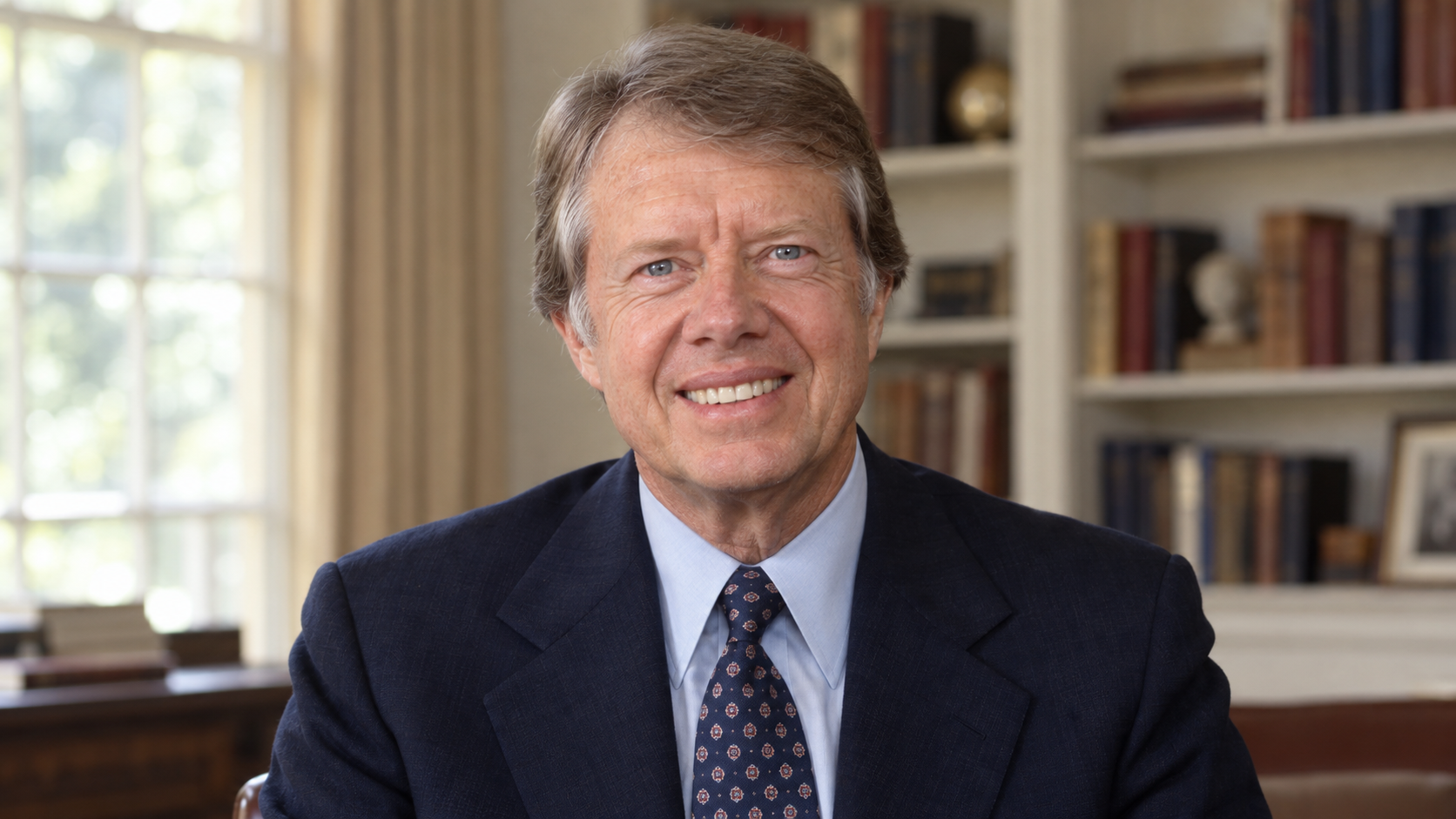 Realistic editorial recreation of Jimmy Carter in a period-appropriate study.