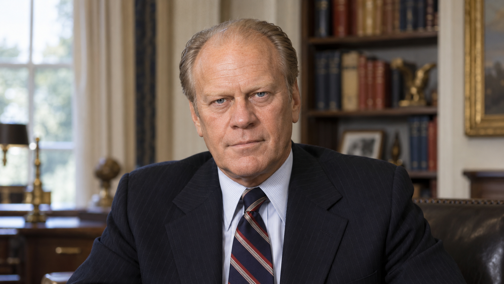Realistic editorial recreation of Gerald R. Ford in a period-appropriate study.
