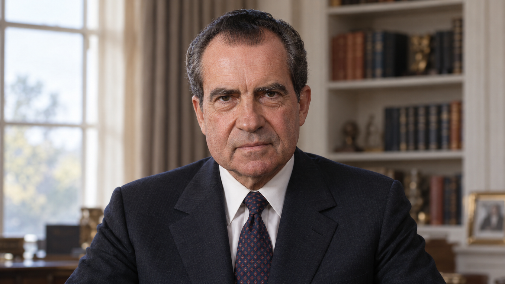 Realistic editorial recreation of Richard Nixon in a period-appropriate study.