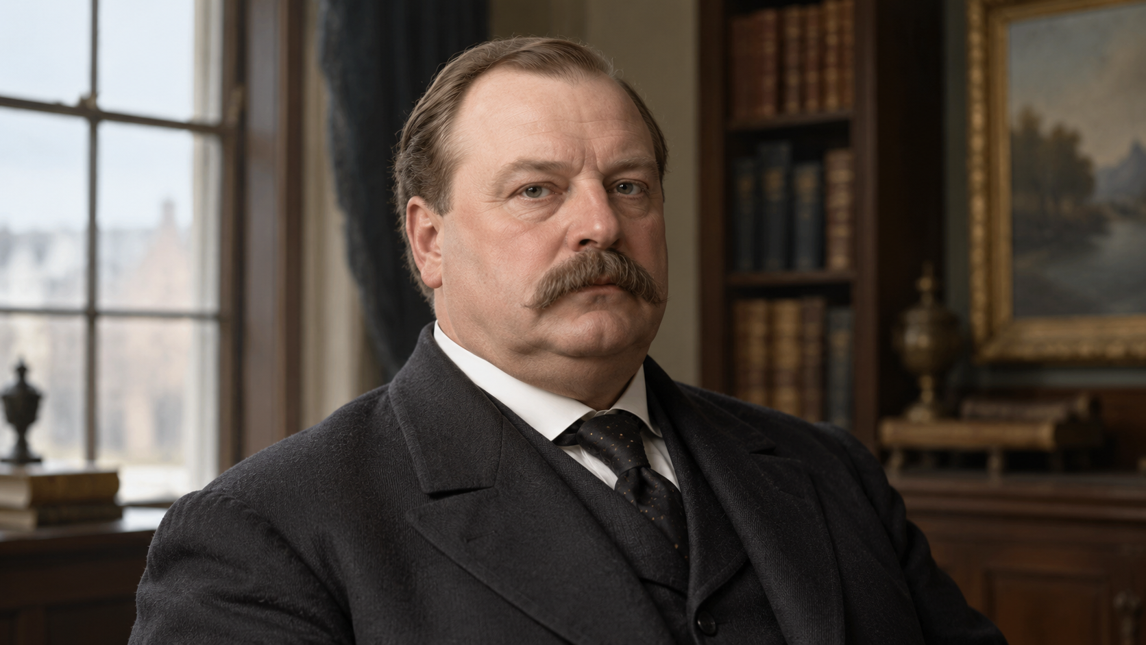 Realistic editorial recreation of Grover Cleveland in a period-appropriate study.