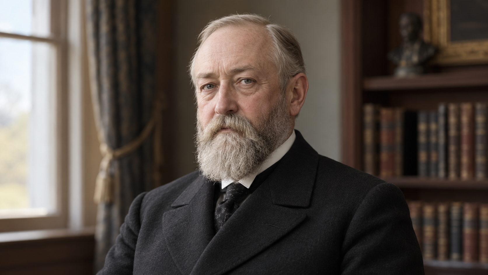 Realistic editorial recreation of Benjamin Harrison in a period-appropriate study.