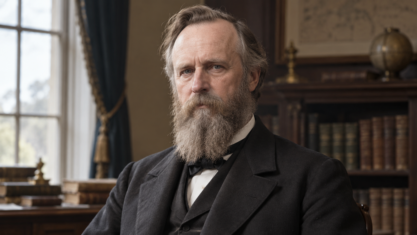 Realistic editorial recreation of Rutherford B. Hayes in a period-appropriate study.