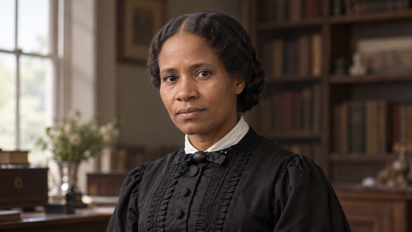 Realistic editorial recreation of Frances Ellen Watkins Harper in a period-appropriate study.