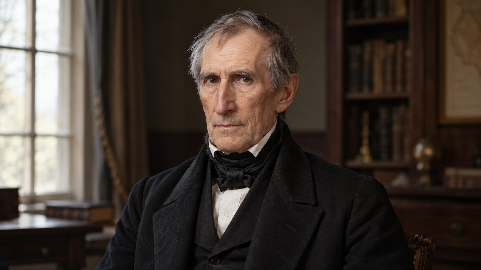 Realistic editorial recreation of William Henry Harrison in a period-appropriate study.
