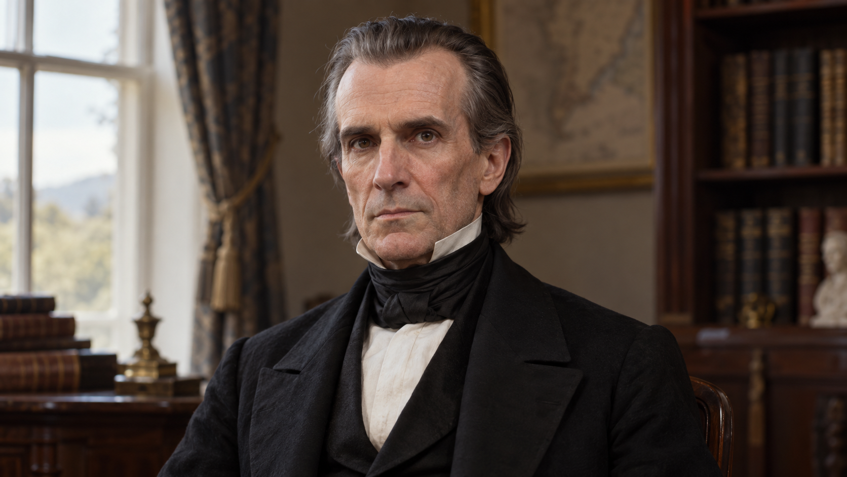 Realistic editorial recreation of James K. Polk in a period-appropriate study.