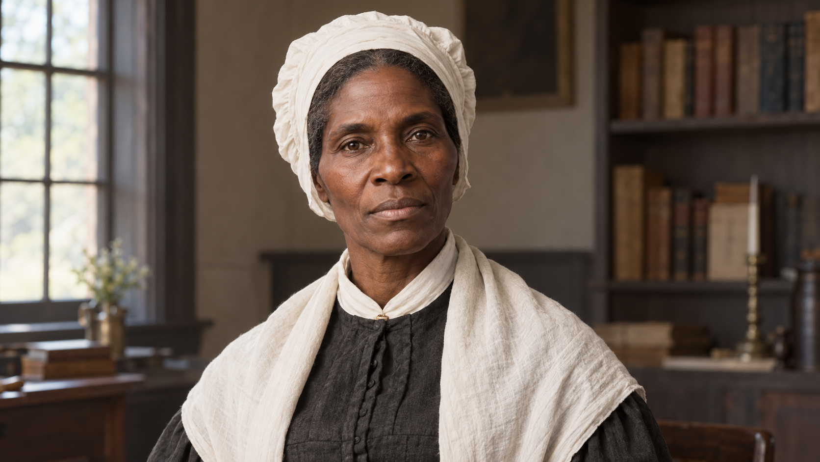 Realistic editorial recreation of Sojourner Truth in a period-appropriate study.