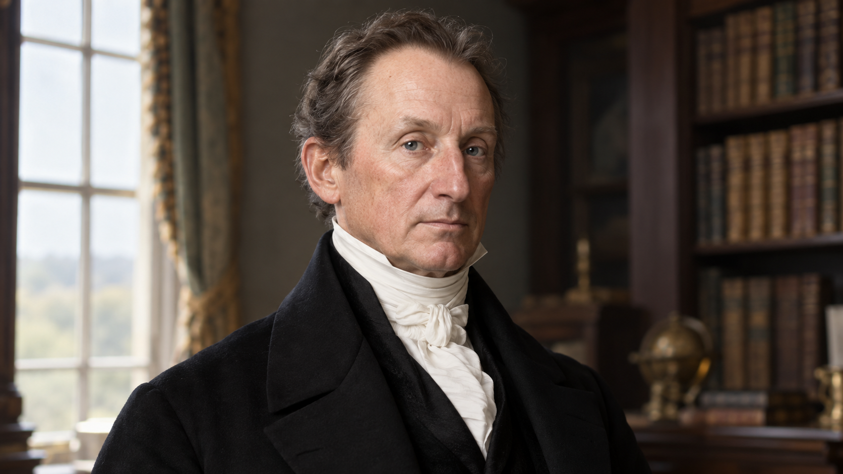 Realistic editorial recreation of James Monroe in a period-appropriate study.