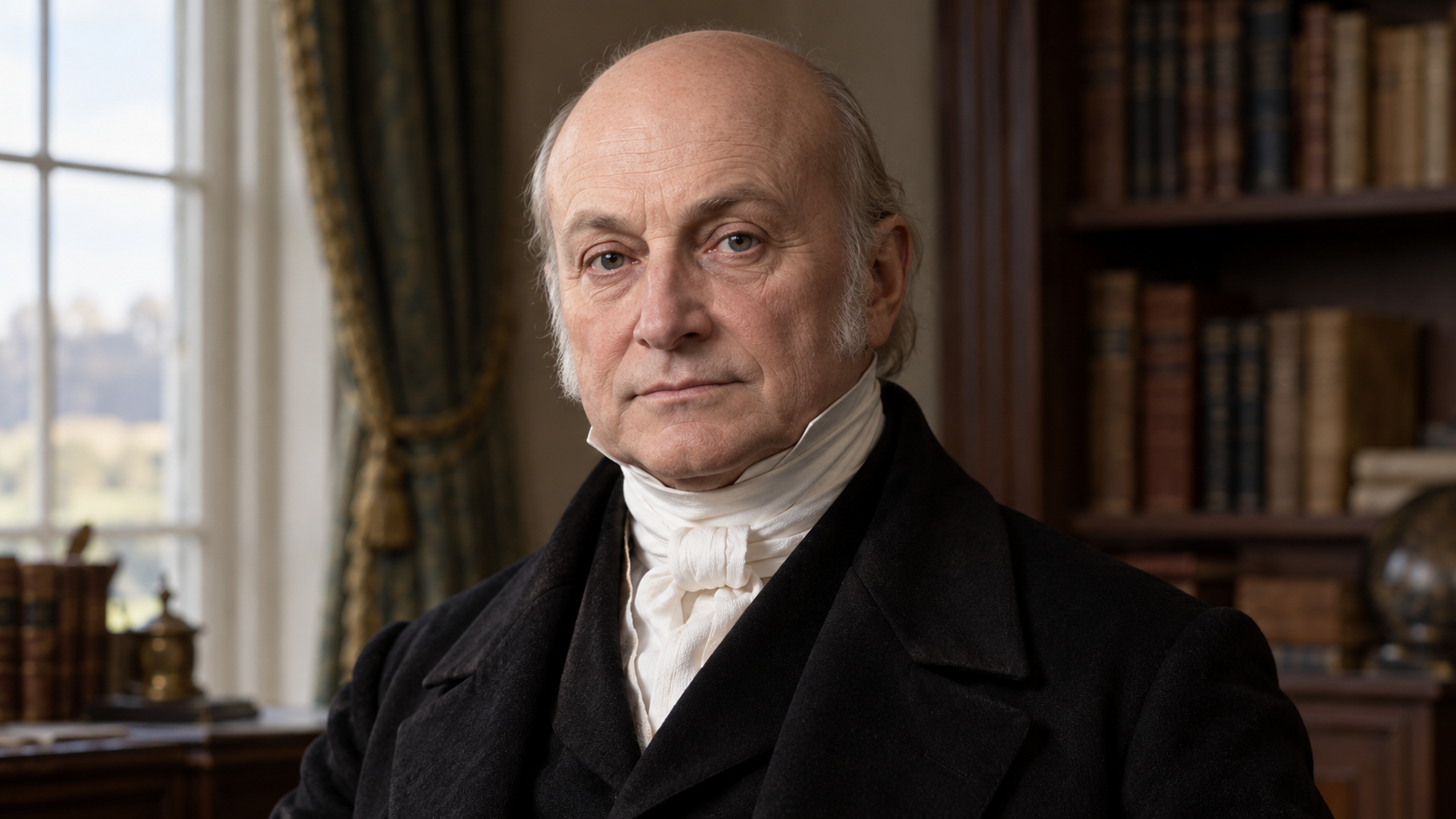 Realistic editorial recreation of John Quincy Adams in a period-appropriate study.