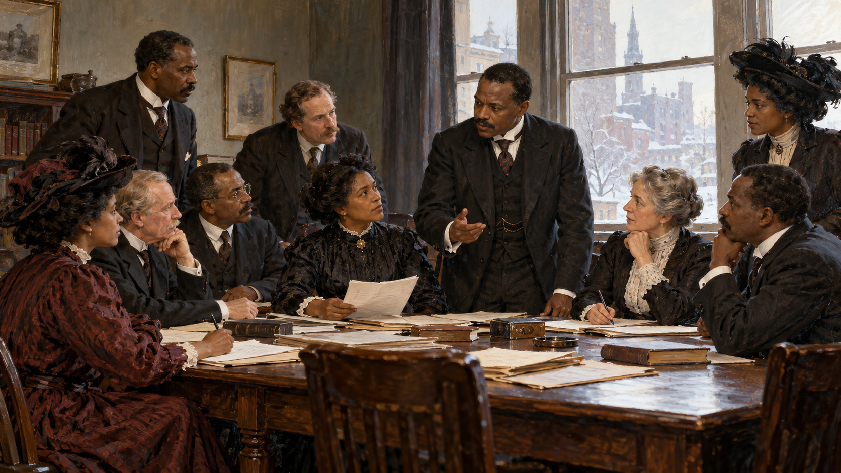 Illustration of Black and white civil rights organizers gathered around a table in 1909.