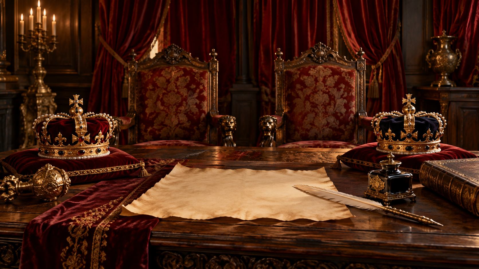 Symbolic illustration of a parchment and quill before two royal chairs for the 1689 constitutional settlement.