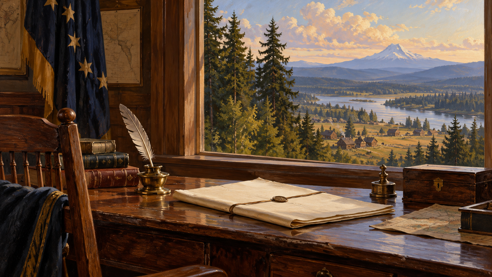 Illustration of a nineteenth-century government desk overlooking an Oregon landscape.