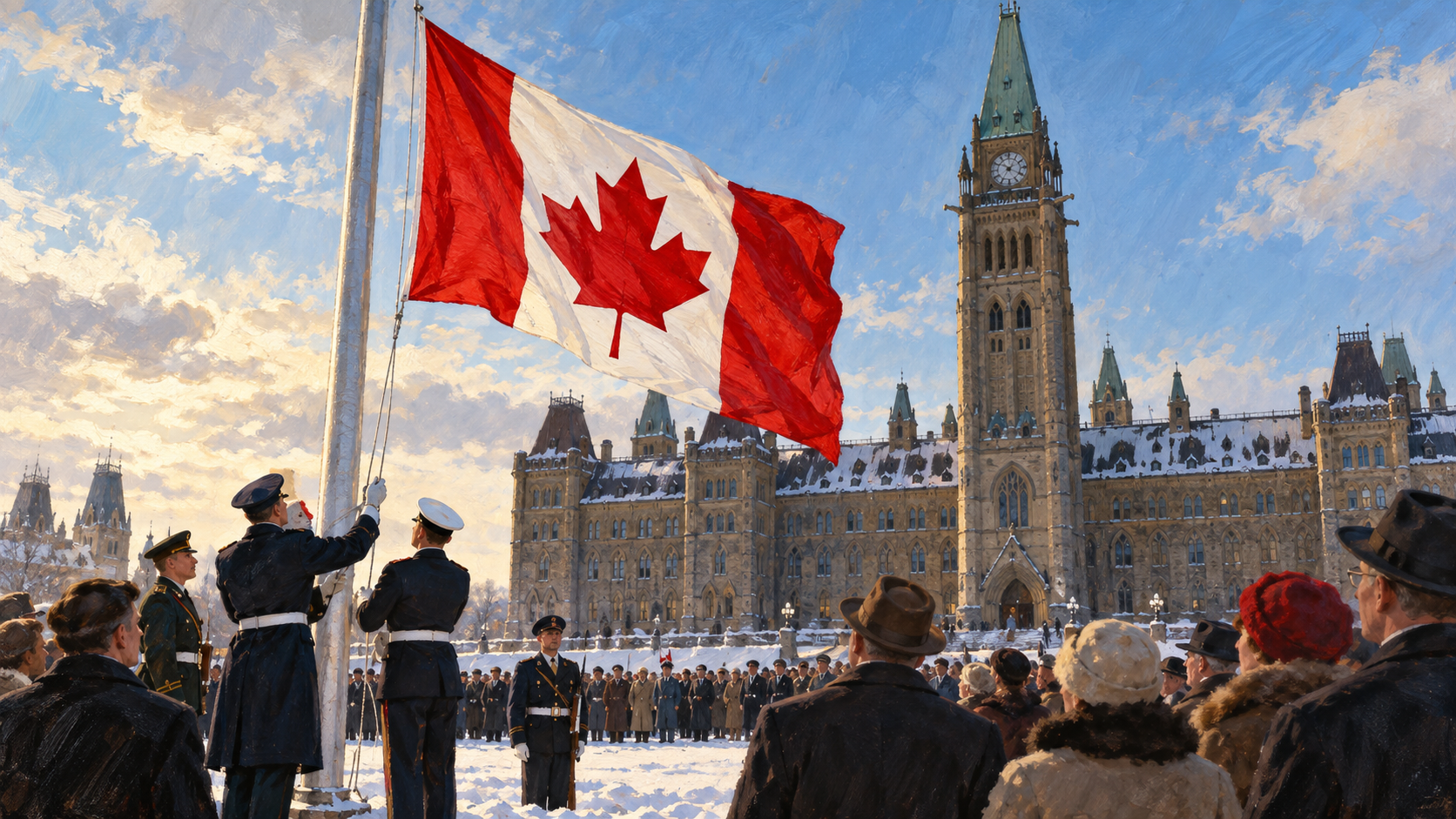 Illustration of Canada’s maple leaf flag being raised before Parliament Hill in winter.