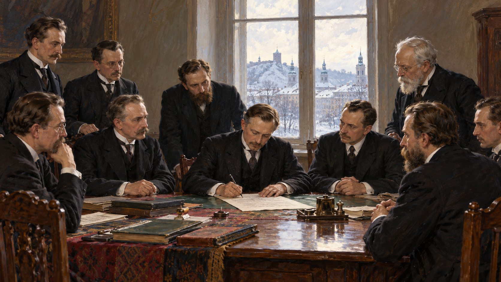 Illustration of Lithuanian council members signing an independence document in a Vilnius room.