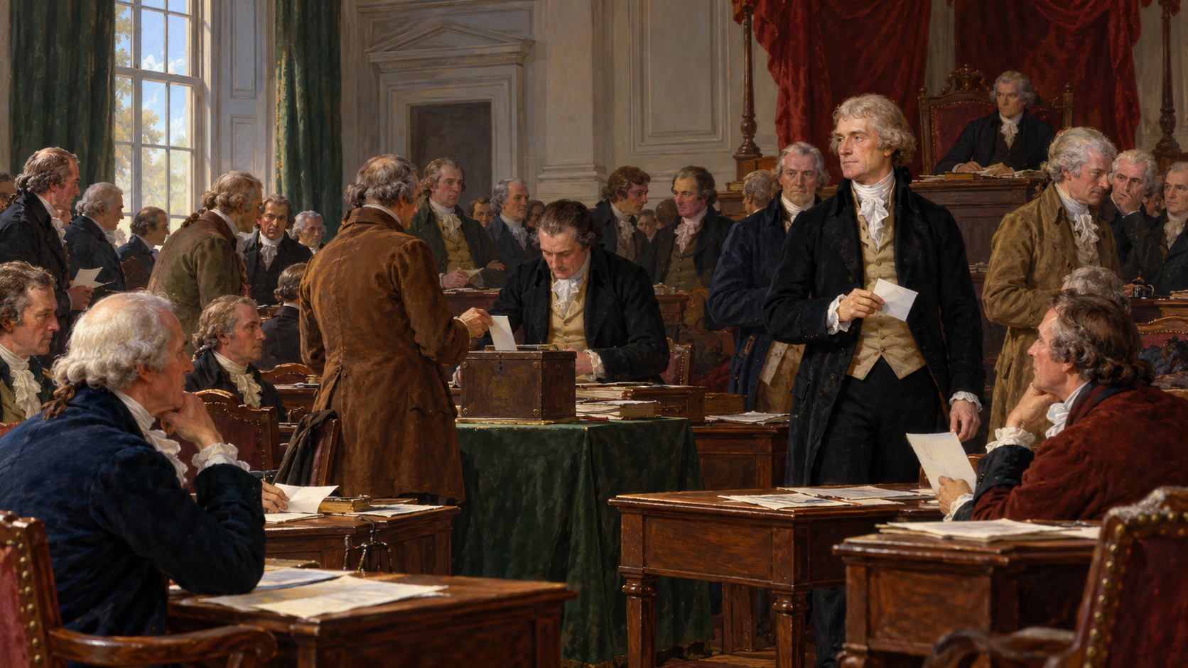 Interpretive illustration of early American legislators considering ballots in a congressional chamber.
