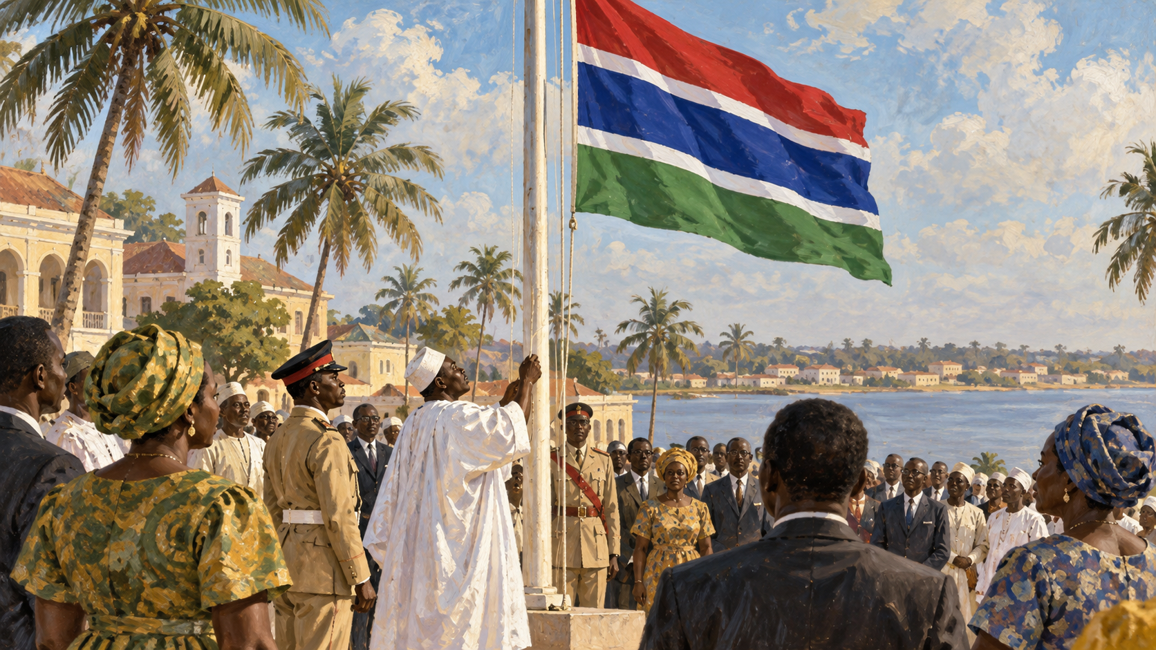 Illustration of a Gambian independence ceremony with the national flag and a gathered crowd.