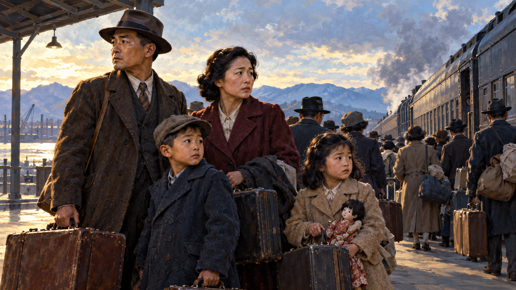 Respectful illustration of a Japanese American family with luggage during wartime forced removal.