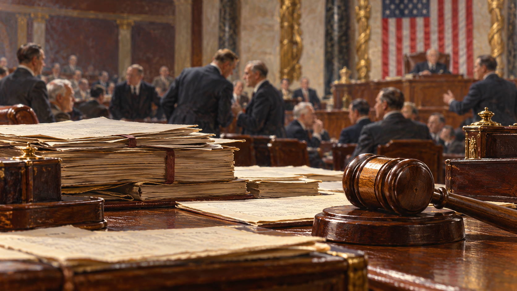Illustration of legislative papers and a gavel in an early 1930s congressional setting.