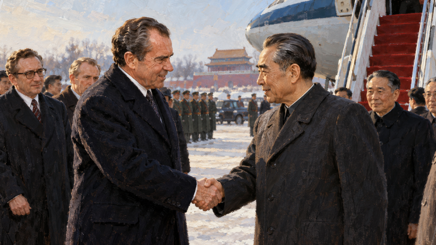 Interpretive illustration of Richard Nixon greeting Zhou Enlai during his 1972 China visit.