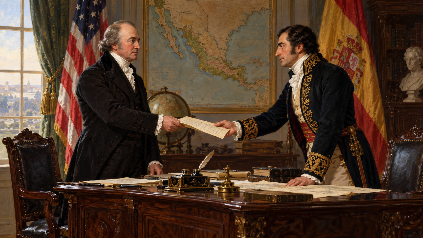 Interpretive illustration of two early nineteenth-century diplomats exchanging a treaty document.