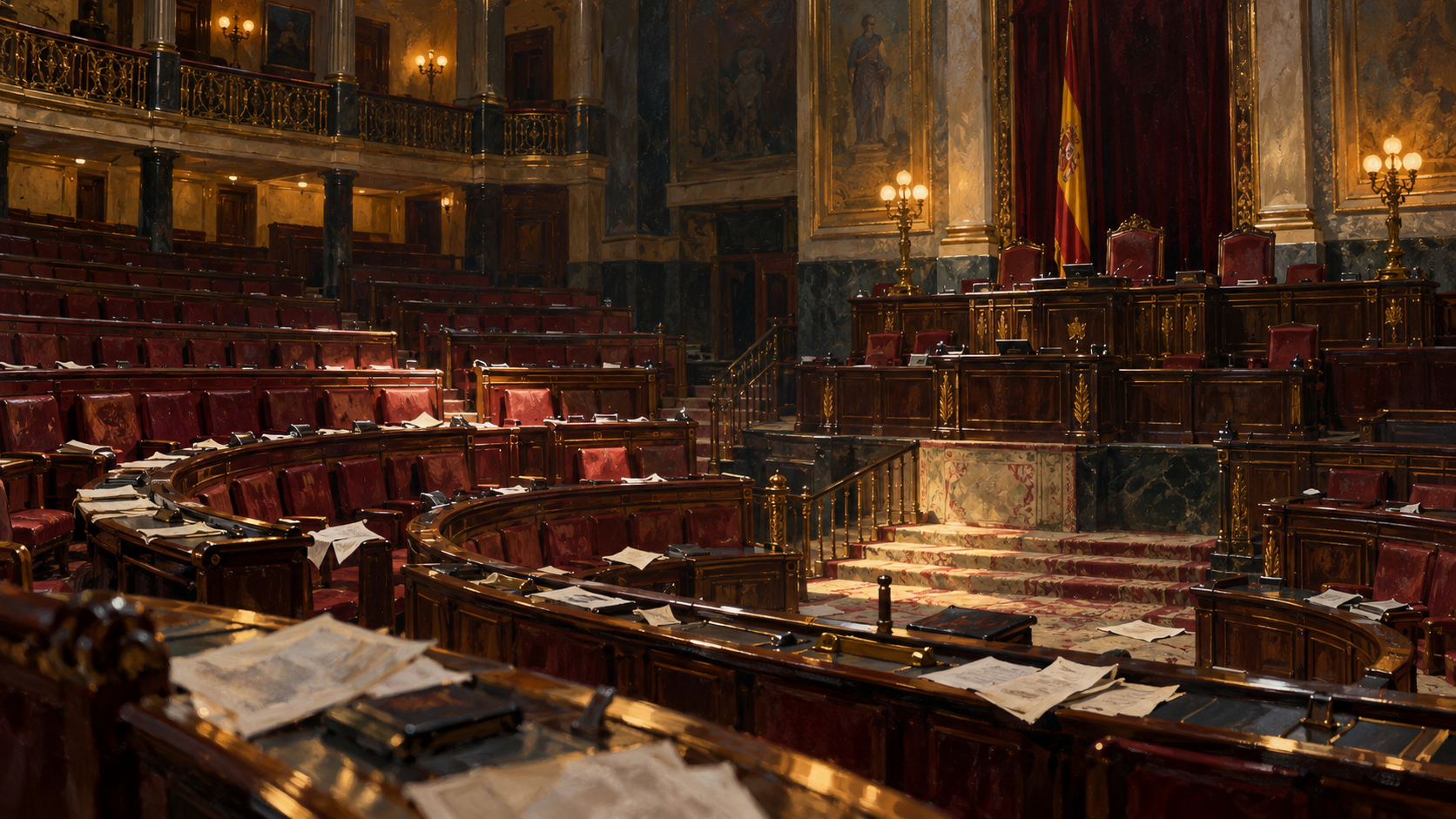 Symbolic illustration of empty parliamentary benches and scattered papers after interrupted proceedings in Spain.