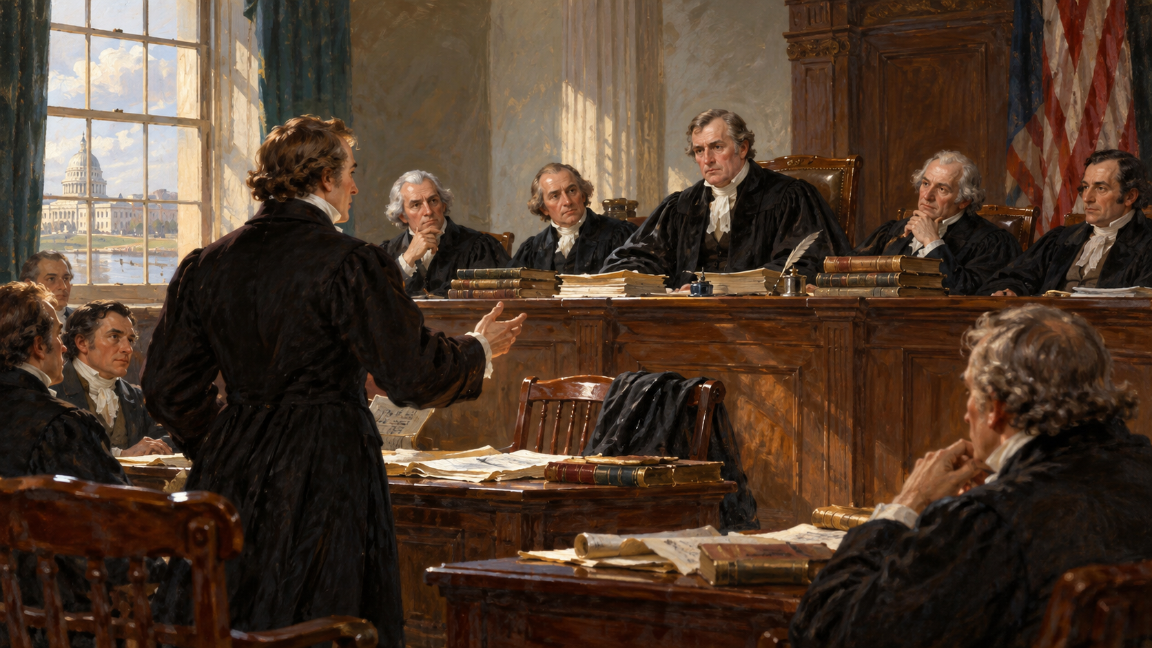 Symbolic illustration of early American law books, a quill, judicial papers, and a black robe.