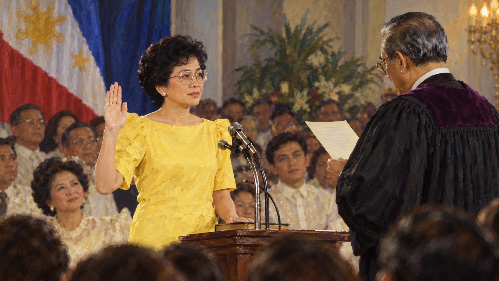 Interpretive illustration of Corazon Aquino taking her presidential oath in a yellow dress.