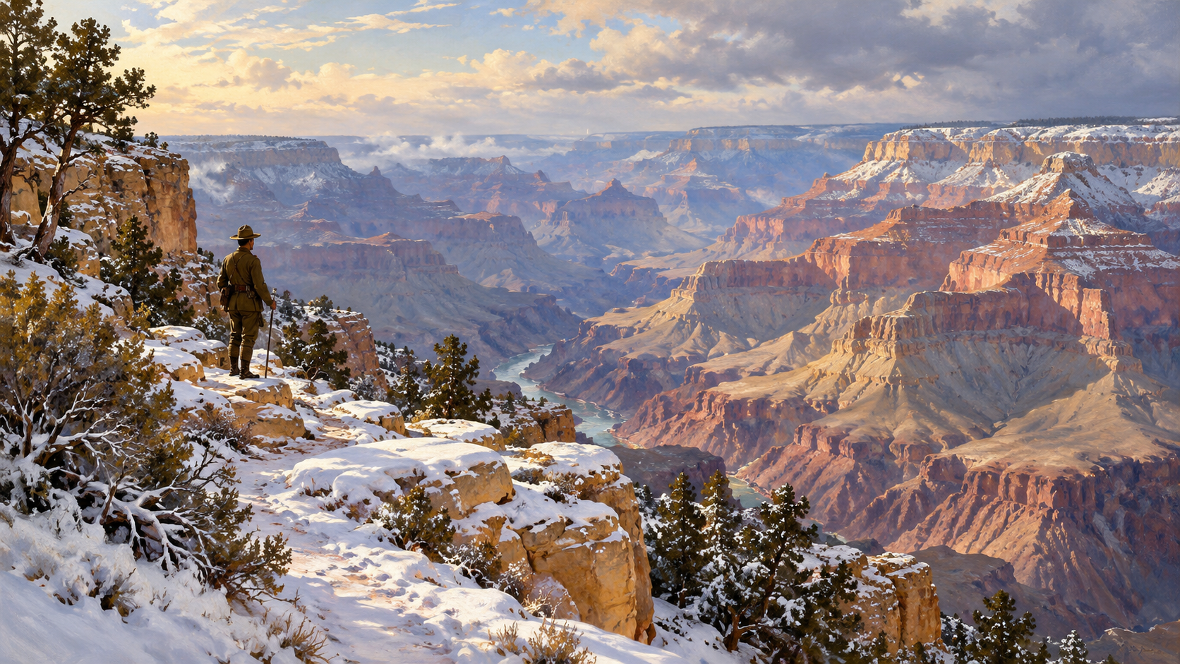 Illustration of a Grand Canyon winter vista with an early park ranger beside a trail.