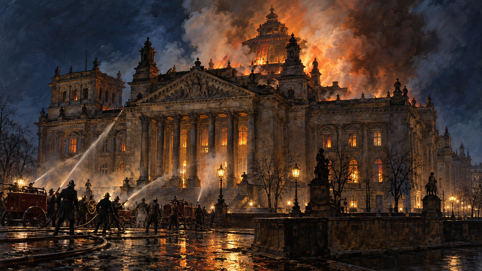 Interpretive illustration of the historic Reichstag building burning at night as firefighters respond.