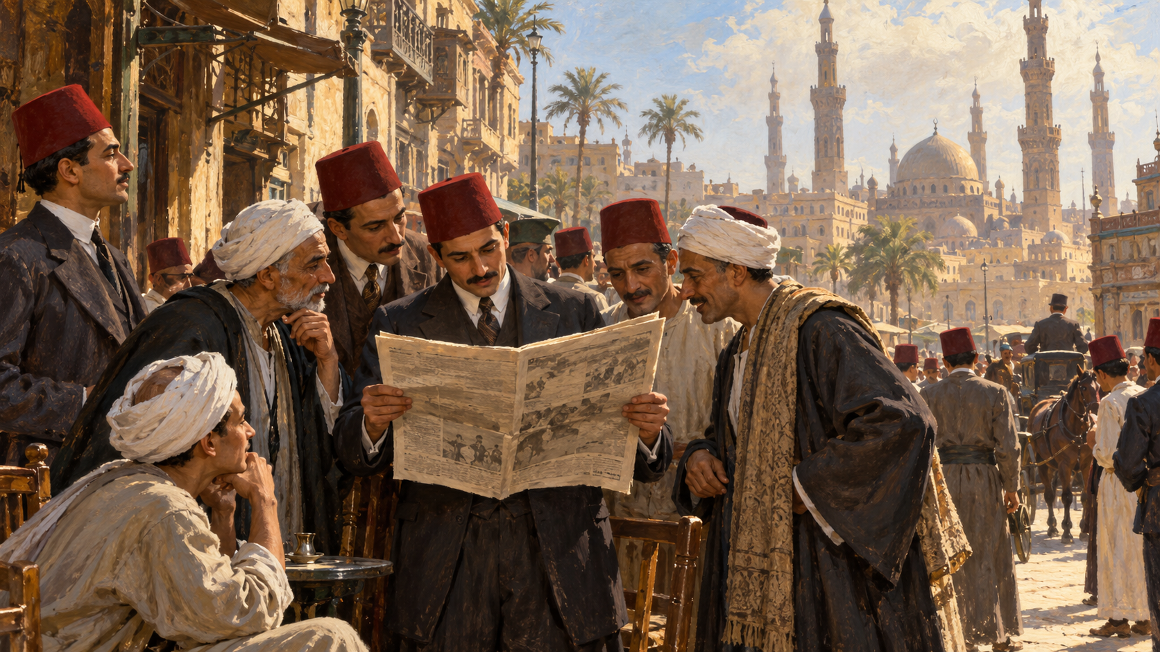 Illustration of people discussing a newspaper on an early twentieth-century Cairo street.
