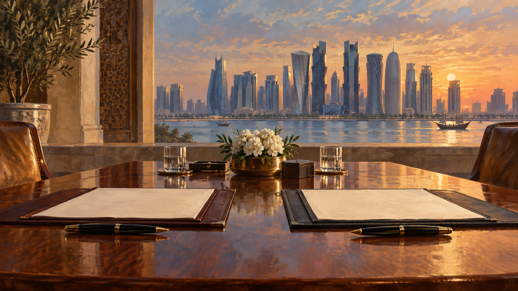 Symbolic illustration of diplomatic document folders and pens overlooking Doha.
